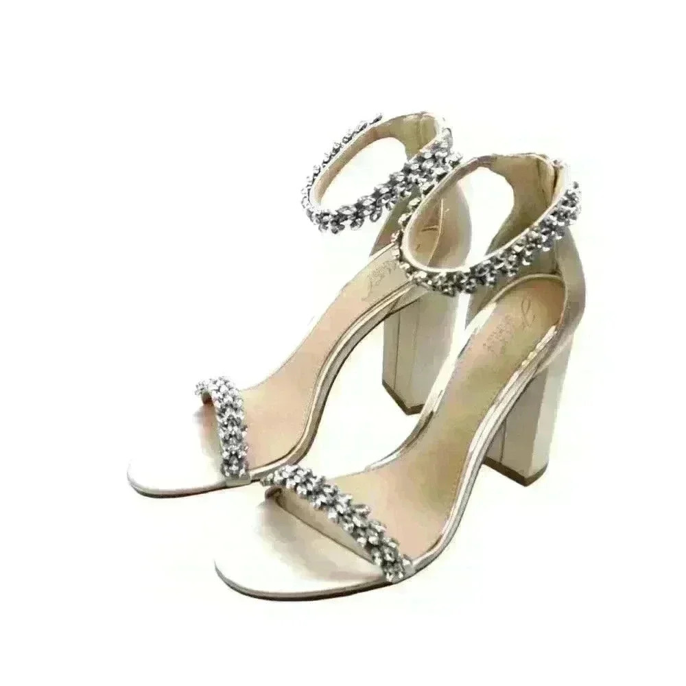 Crystal-Embellished White Block Heel Sandals - Picture 4 of 8